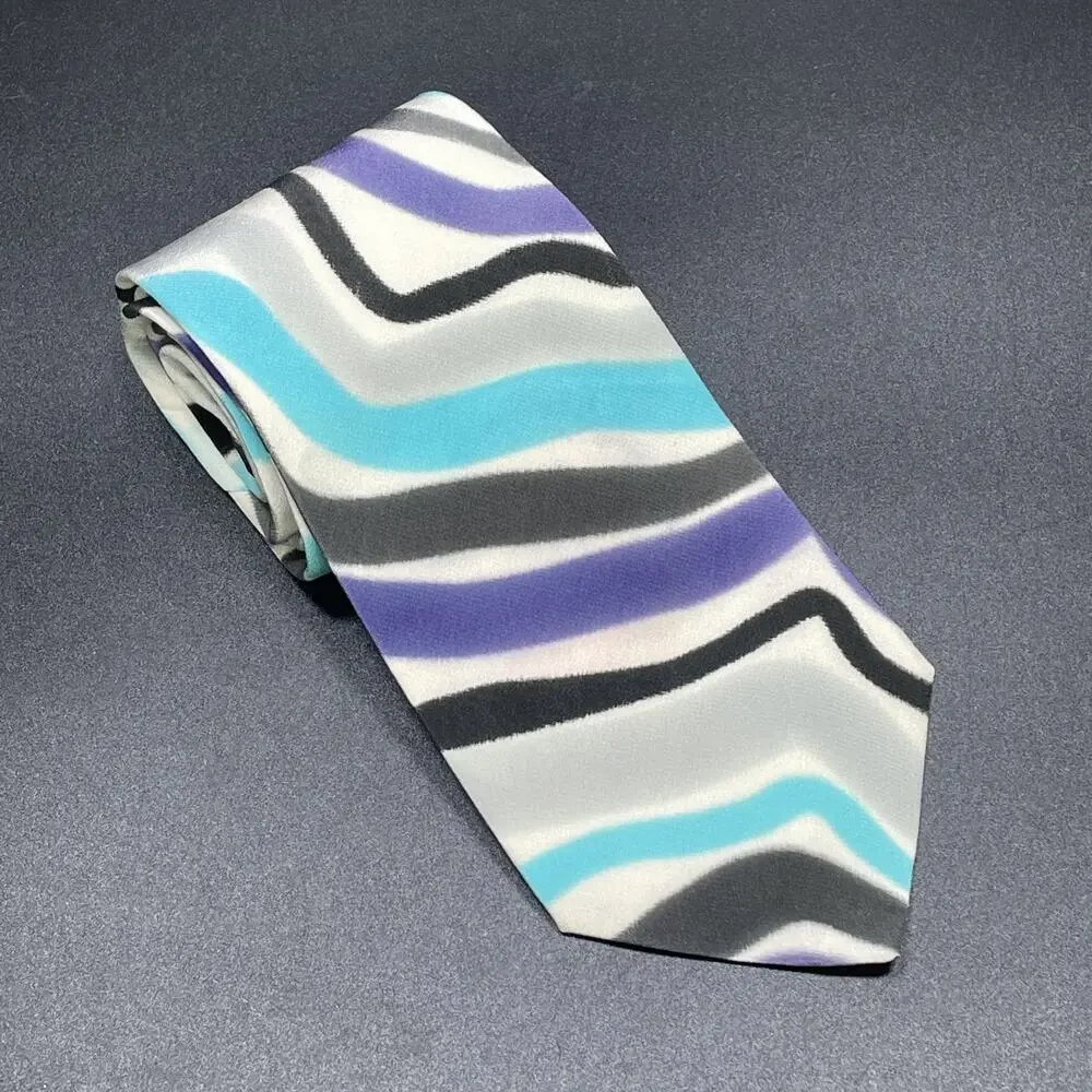 VTG Marienbad Abstract Wavy Necktie Blue Purple Black Designer 3.5” Post Modern